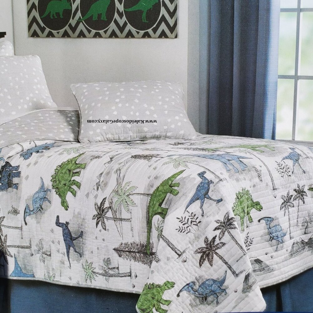 7 Piece Dinosaur Full Size Quilt ~ Sheets ~ Shams ~ Gray Blue Green ~ Dinosaurs - Picture 2 of 7